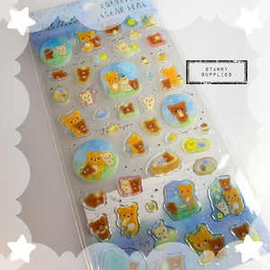 [SE3900] Colorful Clear Seal Blue Rilakkuma/ Chairoikoguma/ Korilakkuma Domed Sticker Sheet